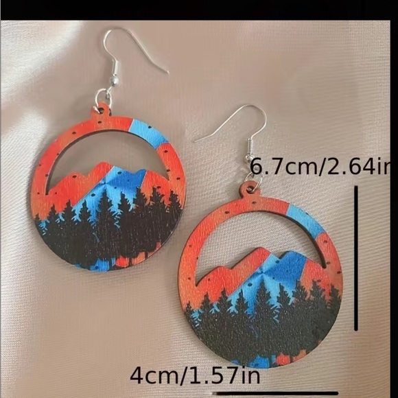 Wooden Red and Blue Mountain Scene Drop Earrings - Picture 4 of 6